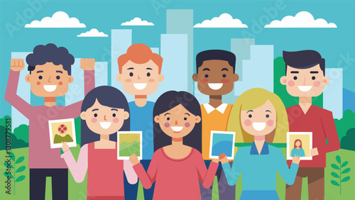 Smiling faces pose for a group photo holding up beforeandafter pictures of the park to show the progress made.. Vector illustration