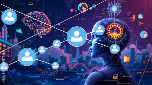 Futuristic digital illustration depicting a human-like robot, data, brain, and network connecting a cityscape.