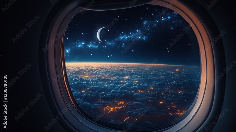 A crescent moon and stars visible through an aircraft window during a night flight A crescent moon and stars visible through an aircraft window during a night flight