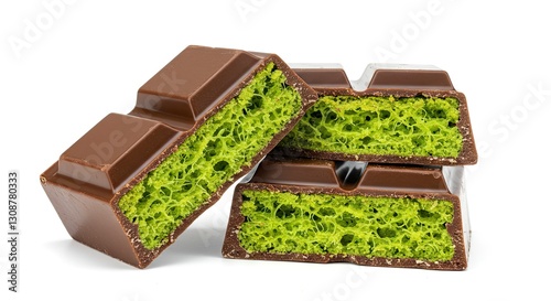 Cut Chocolate Bar Stack with Green Aerated Filling on White Background