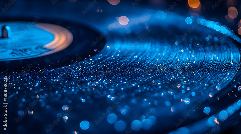 Vintage Vinyl: A close-up of a vinyl record, shimmering with water droplets, under a mesmerizing blue light, evokes a sense of nostalgia and the enduring power of music.