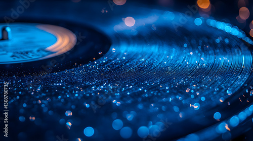 Obraz na płótnie Vintage Vinyl: A close-up of a vinyl record, shimmering with water droplets, under a mesmerizing blue light, evokes a sense of nostalgia and the enduring power of music. w salonie