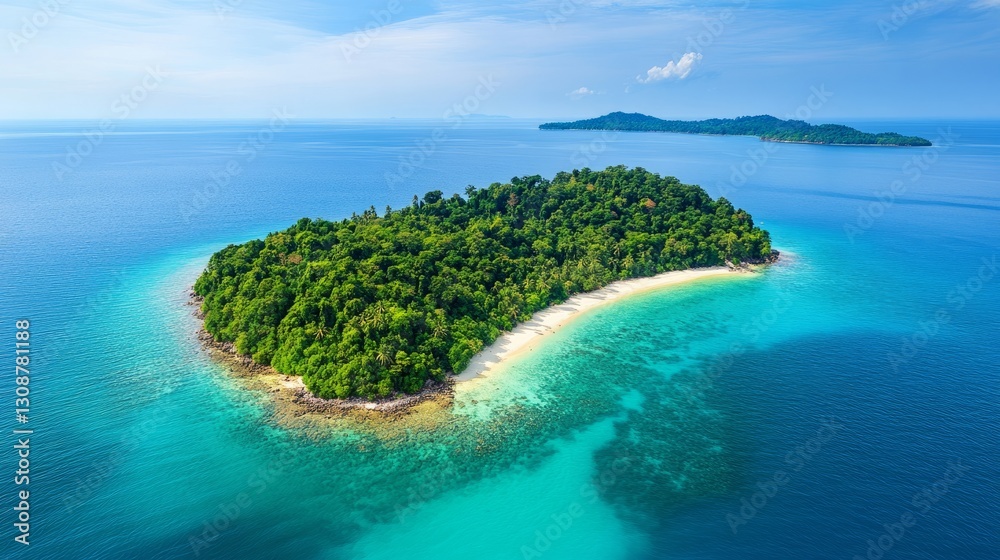 Fototapeta premium A densely forested island surrounded by turquoise waters, as viewed from above 