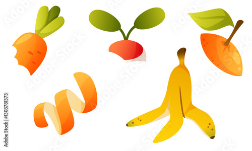 Natural organic waste, vegetable and fruit peels, spoiled food waste used for composting. Banana, orange, radish and carrot peels. Waste sorting, ecological habit, ecological problem.