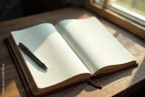 Open Notebook with Pen in Sunlight by a Window, Ready for Inspiration and Ideas