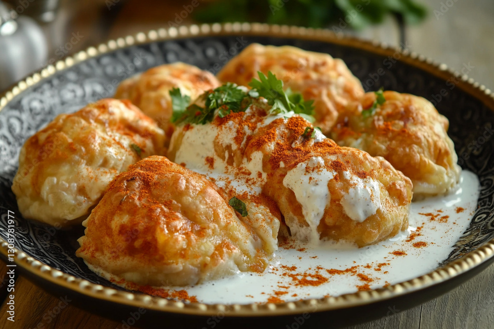 Serving manti - Turkish dumplings with yogurt sauce and spices on a deep plate Serving manti - Turkish dumplings with yogurt sauce and spices on a deep plate