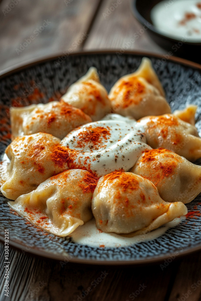 Serving manti - Turkish dumplings with yogurt sauce and spices on a deep plate Serving manti - Turkish dumplings with yogurt sauce and spices on a deep plate