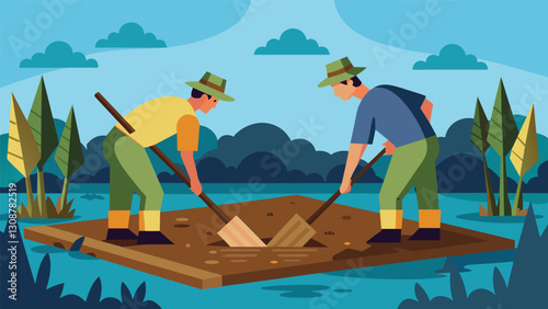 Two men kneedeep in a murky bog using wooden boards to stabilize the ground as they dig deeper for the prized peat below.. Vector illustration