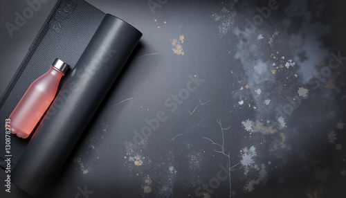 Dark yoga mat with a water bottle on a textured background