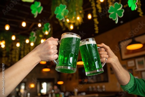 people celebrating St. Patrick’s Day in a pub with beer