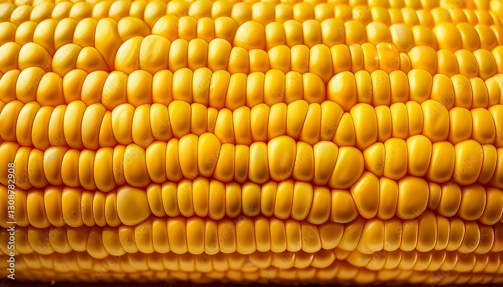 Fototapeta premium Corn kernel close-up: glossy, symmetrical yellow rows. Warm hues, perfect symmetry. Food detail, vibrant, golden.