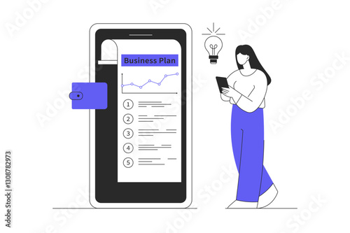 Startup concept. Woman creating new business plan, develops idea, creates new successful project. Flat Cartoon Vector Illustration, icon. Stylish abstract design for website