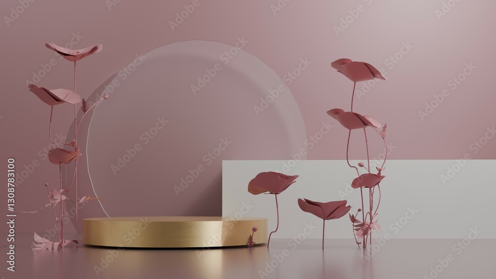 3D render of a pink podium with shimmering gold palm decorations, positioned against a rich pink backdrop, creating a glamorous setting for presentations or product showcases 3D render of a pink podium with shimmering gold palm decorations, positioned against a rich pink backdrop, creating a glamorous setting for presentations or product showcases