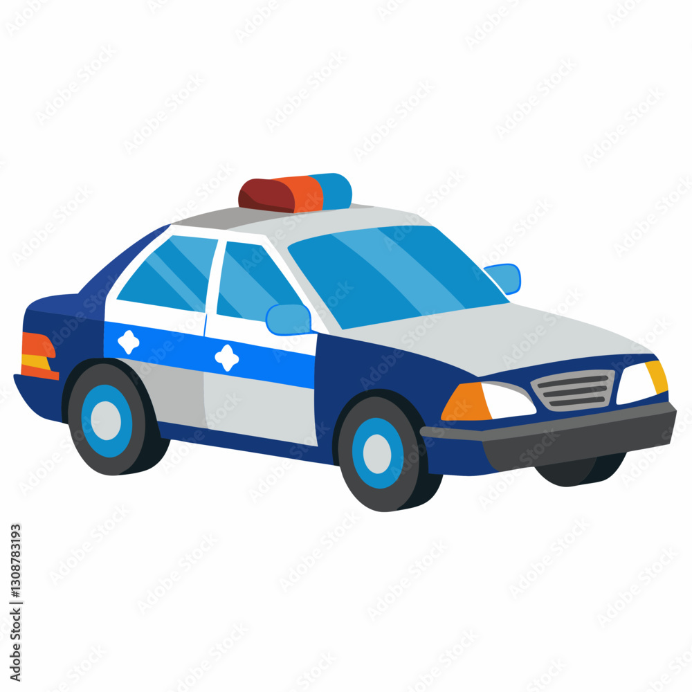 Cartoon Illustration of a Blue and White Police Car with Flashing Lights Cartoon Illustration of a Blue and White Police Car with Flashing Lights