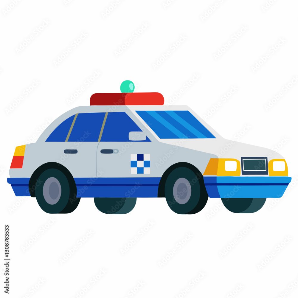 A cartoon illustration of a white and blue police car with a red and green light on top A cartoon illustration of a white and blue police car with a red and green light on top