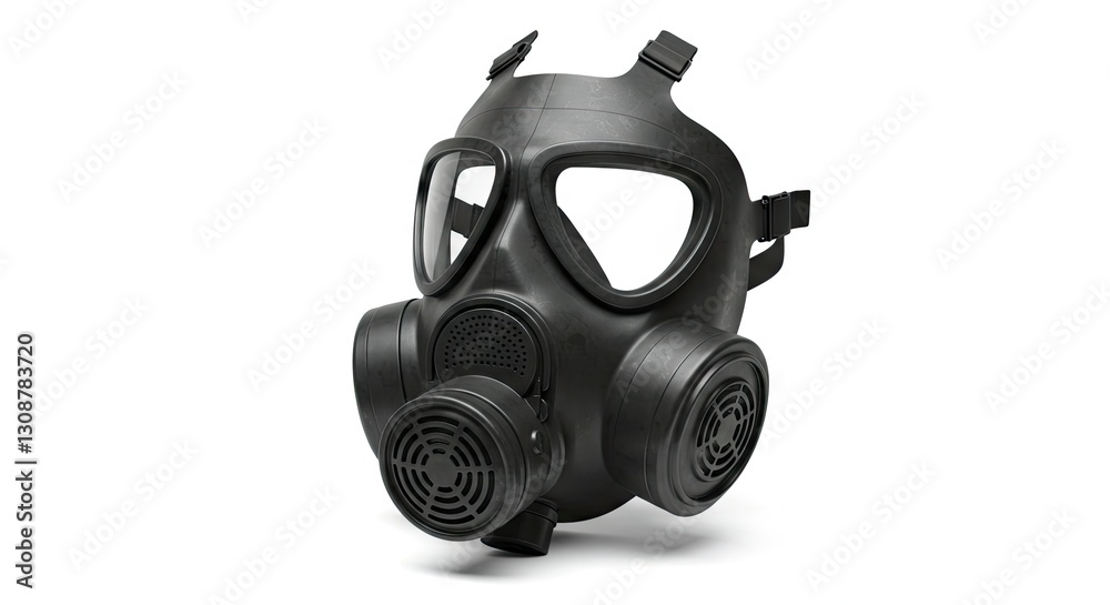 Black Gas Mask Isolated Against a White Background for Safety Purposes Black Gas Mask Isolated Against a White Background for Safety Purposes