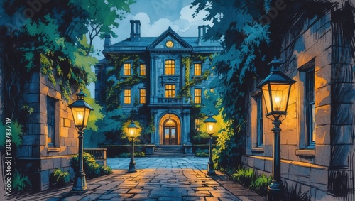 Ink drawing of mansion with yellow light coming from windows at night. Stone pathway and gas lamps illuminate front of building with green leaves.