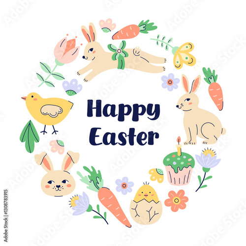 Happy Easter Round Frame With Bunnies, chickens and eggs. Happy Easter hand drawn card. Flat illustration with partial outline. Isolated vector illustration.