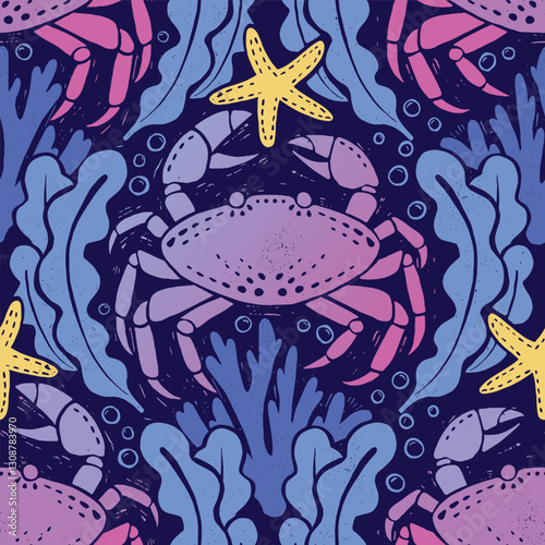 Vector Colorful ombre gradient Crabs, Starfish, Seaweed in Underwater Scene Seamless Pattern