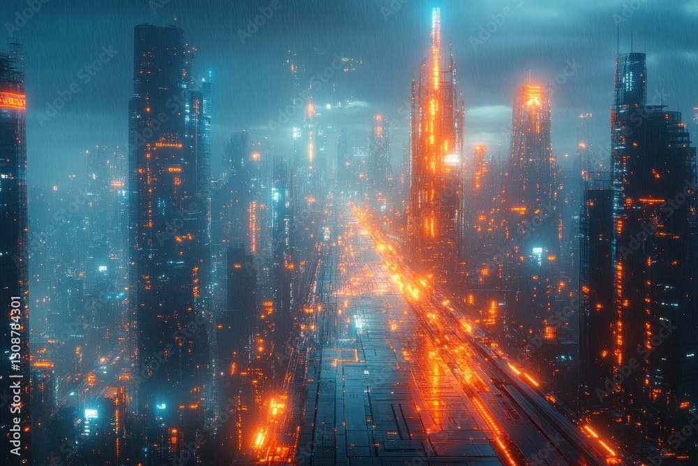 Fototapeta premium Futuristic city road at night with glowing lights and skyscrapers in foggy background