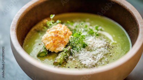 Creamy green soup garnished with herbs and crispy topping in woo