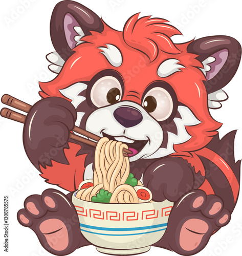 Cartoon Red Panda Eating Noodles. Cute cartoon red panda sitting and eating noodles with chopsticks. Unique design, children's mascot.