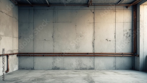 Empty room with grey wall and floor. Brown pipes are visible near ceiling and lower part of wall. Image generated by artificial intelligence.