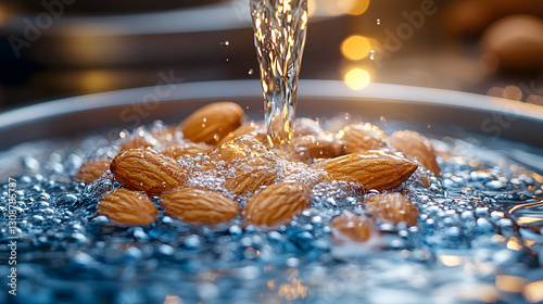 Almonds in Water: Fresh almonds being poured over by clear water in a metallic bowl. A close up that looks like it would be ideal for food and beverage advertising.
