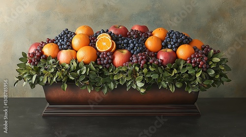 Autumn fruit centerpiece, copper planter photo