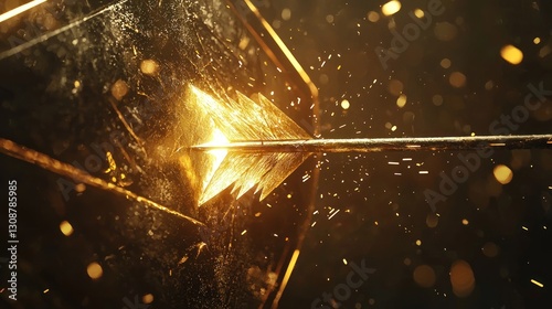 Arrow striking a golden shield; sparks and dark background.
