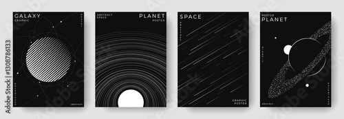 Set of abstract space astronomy backgrounds. Linear galaxy, meteorites, planet, solar system. Black and white science future concept. Outline minimal design for cover, poster, banner, flyer, brochure