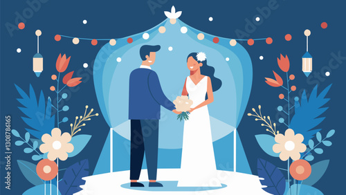Surrounded by ling lights and floral arrangements a couple exchange new vows to symbolize their ongoing devotion.. Vector illustration