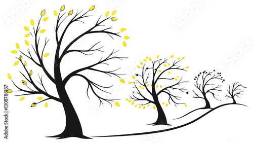 Elegant Seasonal Tree Illustration Depicting Spring, Autumn, and Winter with Swirling Branches and Vibrant Leaves on a White Background