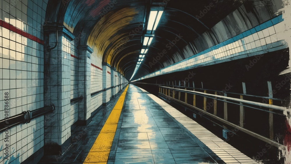 Subway Station Platform Interior with Tile Walls and Yellow Line. Long Dark Tunnel with Lights in Distance, Empty Waiting Area, Ink Style. Subway Station Platform Interior with Tile Walls and Yellow Line. Long Dark Tunnel with Lights in Distance, Empty Waiting Area, Ink Style.