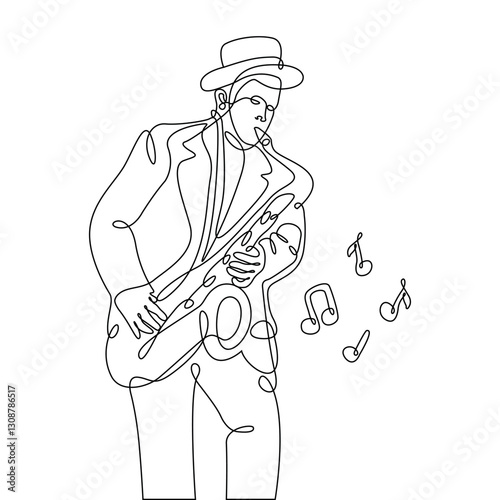 Drawing of man playing saxophone in one line style. Black on white background. Vector.
