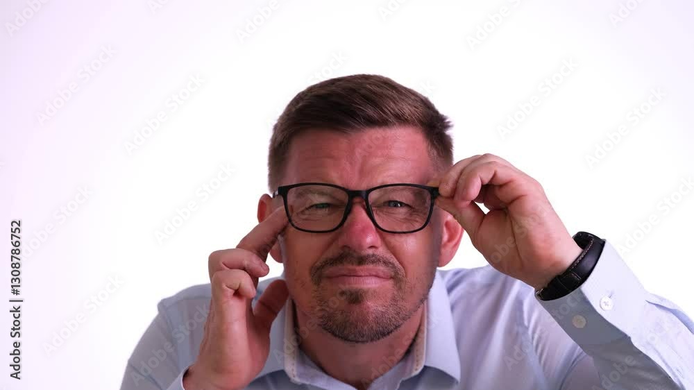 A man, showing his confusion while he adjusts his glasses, is situated in a clean and organized studio environment A man, showing his confusion while he adjusts his glasses, is situated in a clean and organized studio environment