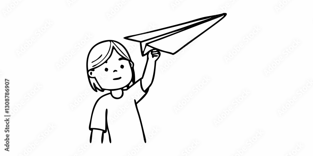 Obraz premium Black and white sketch of a girl launching a paper airplane into the sky, symbolizing dreams and aspirations. Great for educational blogs, creativity sites and motivational content.