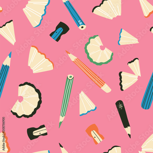 Pencil and sharpener seamless pattern. Cute stationery supplies on pink. Fun, vibrant, playful hand drawn vector texture. Drawing  tools, school, education, art class, creative projects concept