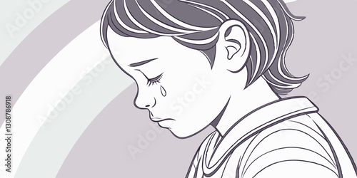 A monochrome illustration of a sad child with tears streaming down their face. Suitable for mental health blogs, child psychology websites, and emotional well-being articles.