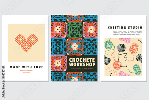 Knitting and crochete workshop advertising poster or web banner design templates. Art and creativity lessons, hobby master class, DIY, handcraft concept. Templates with flat vector illustrations