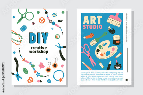 Art and creativity workshop advertising poster or web banner design templates. Drawing, painting, jewelry making tools. Handmade lesson, hobby master class, DIY, handcraft concept. Flat vector