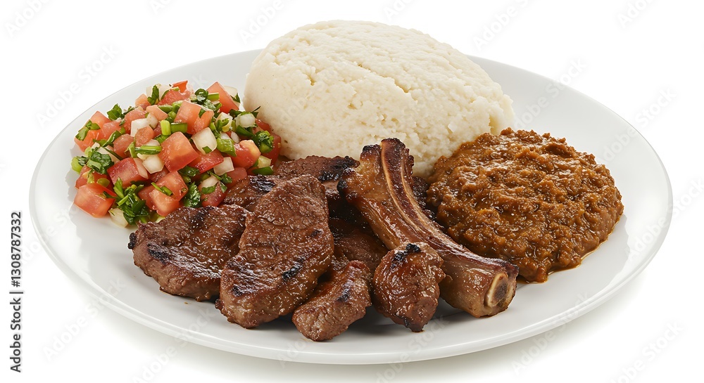 A Tanzanian plate of nyama choma (grilled meat) with ugali and kachumbari salad, on white. A Tanzanian plate of nyama choma (grilled meat) with ugali and kachumbari salad, on white.