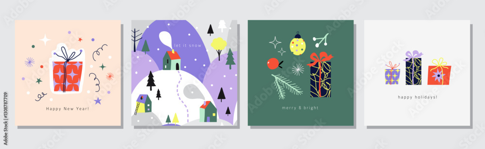 Fototapeta premium Merry Christmas and Happy New Year Set of square greeting cards, posters, covers with text. Winter party decoration. Simple naive hand drawn cartoon design. Flat vector illustration 
