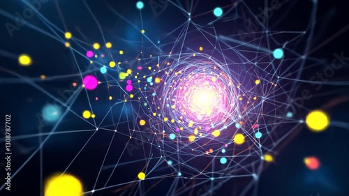 A vibrant, abstract visualization of a complex interconnected network with glowing nodes.