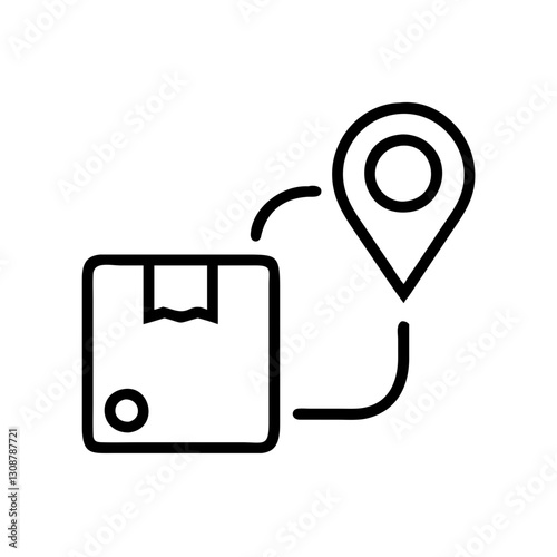 Black silhouette icon of a package traveling to a location pin, representing delivery tracking. Use on shipping, logistics, and e-commerce websites and blogs