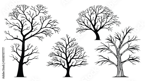 Elegant Seasonal Tree Illustration Depicting Spring, Autumn, and Winter with Swirling Branches and Vibrant Leaves on a White Background