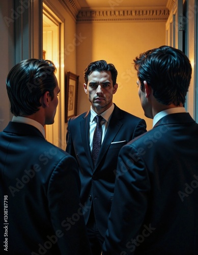 Mysterious reflection: two men and their doppelgänger in an elegant dimly lit room