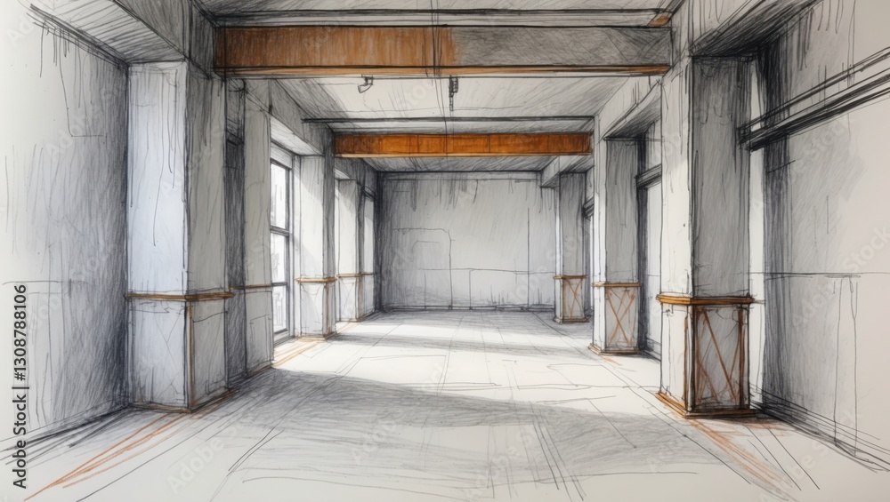 Sketch of long empty room. White walls and pillars with orange trim. Gray shadows on floor from windows. Sketch of long empty room. White walls and pillars with orange trim. Gray shadows on floor from windows.