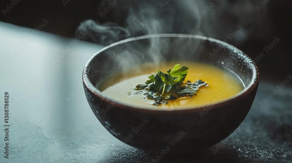 Steaming bowl of yellow soup with parsley garnish. Steaming bowl of yellow soup with parsley garnish.
