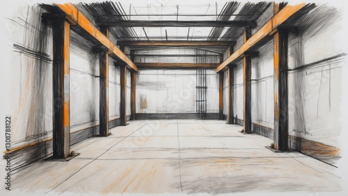 Empty Warehouse Interior Pencil Sketch. White walls with brown beams above. Gray floor spans large space with black metal beams above.